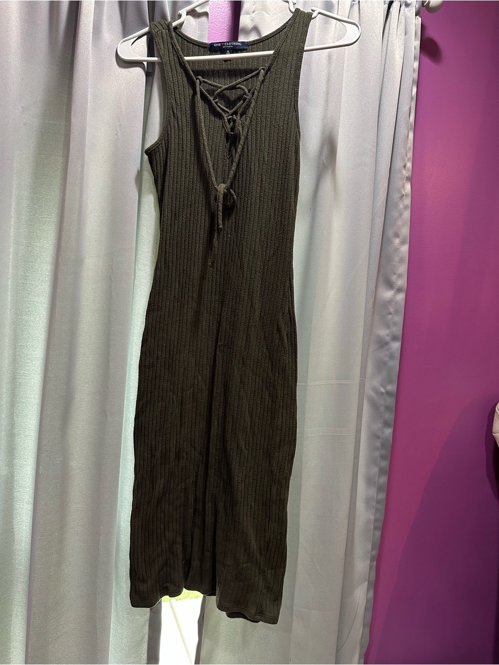one clothing Olive Ribbed Lace-Up Tank Midi Dress